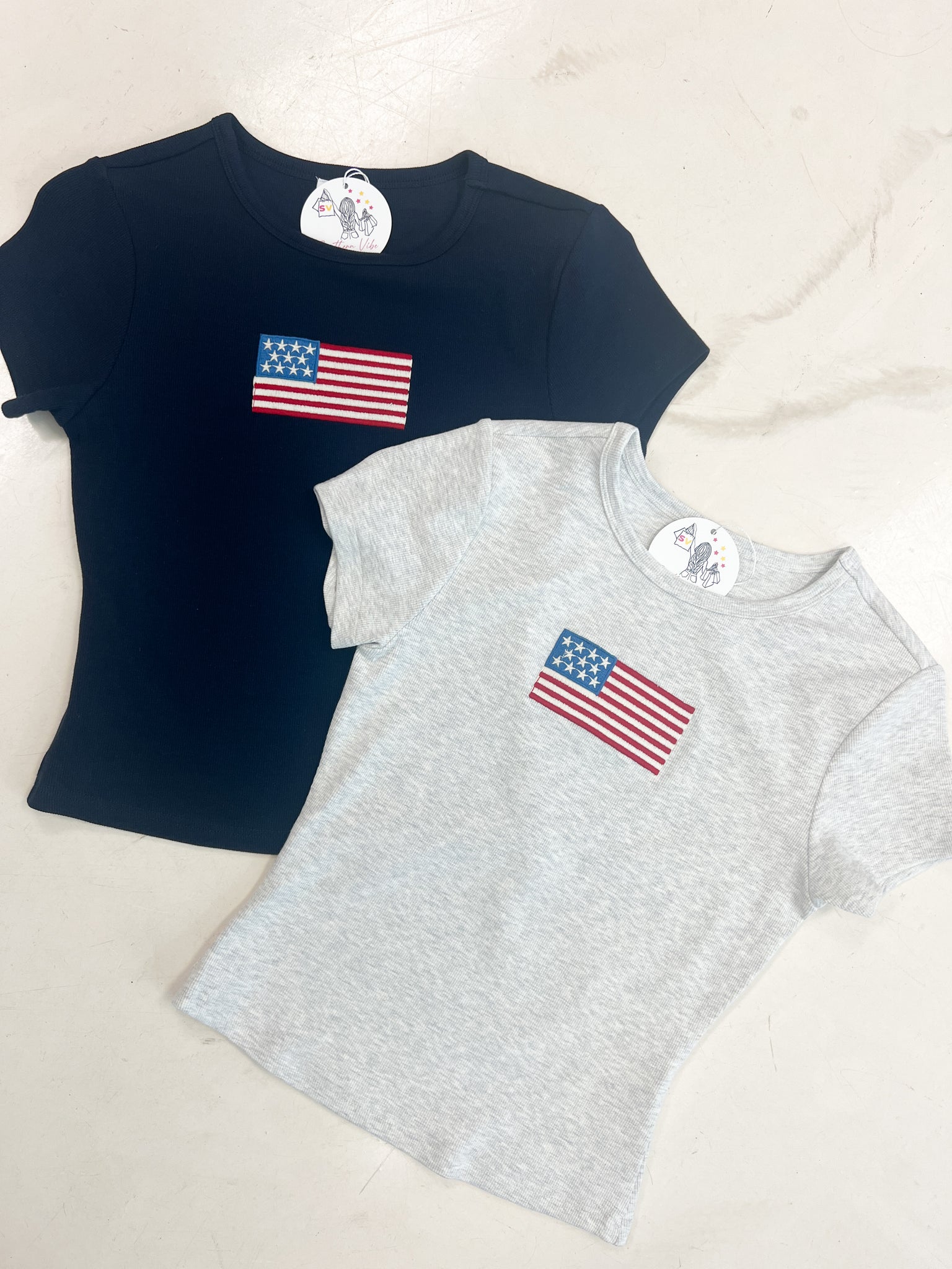 Crop Flag Baby Tee// Grey