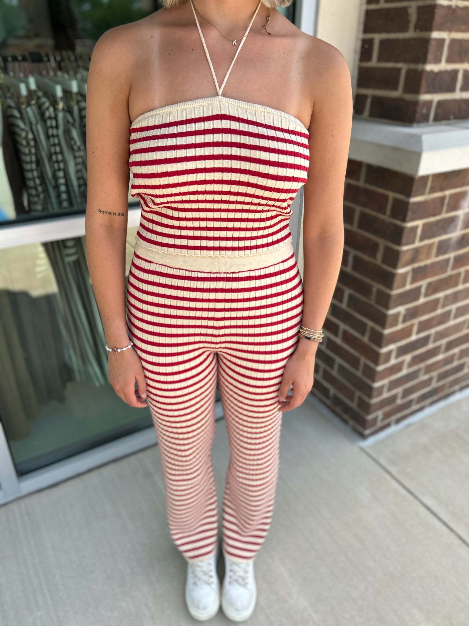 Cream + Red Stipe Pant Set