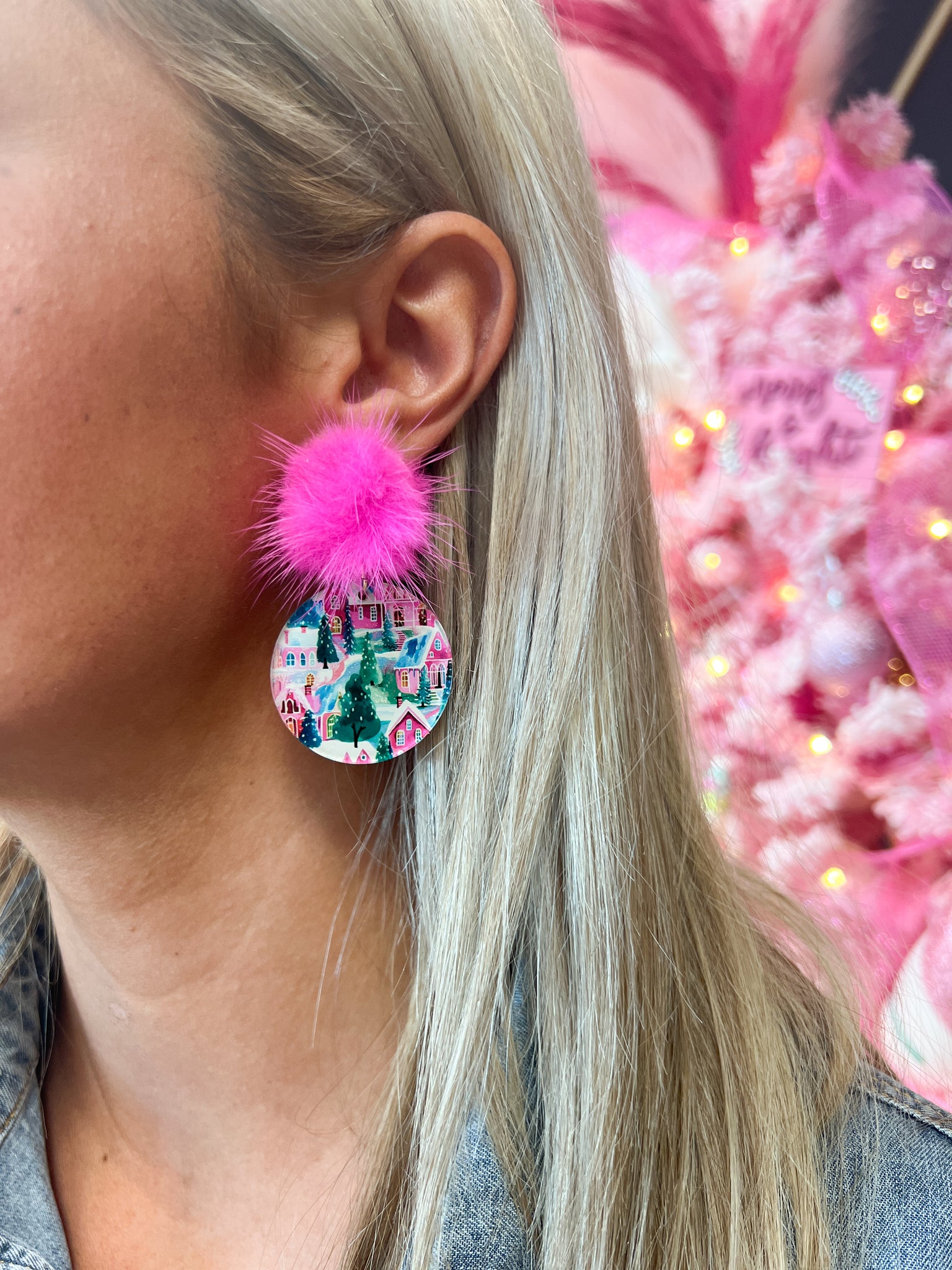 Hot Pink Christmas Village Earring