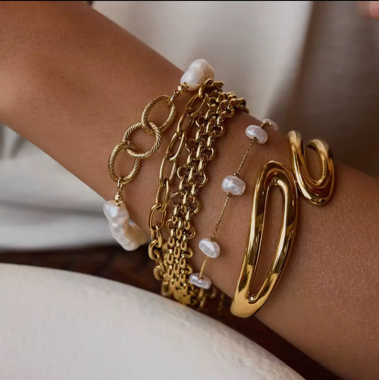 Gold and Pearl Stacking Woven Link Bracelet (water resistant)