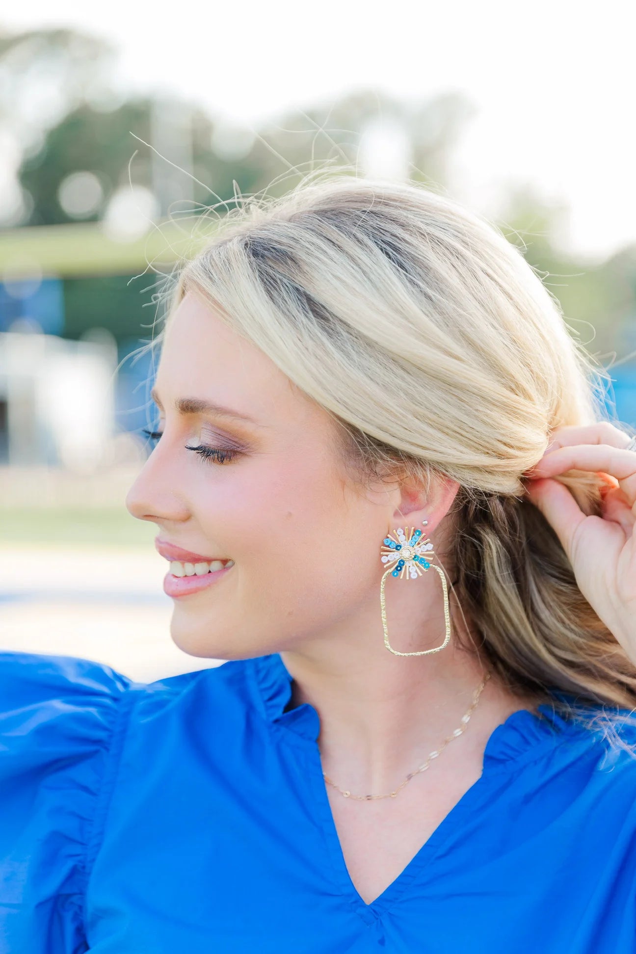 Gameday Sequin Burst Hoops// Royal + White