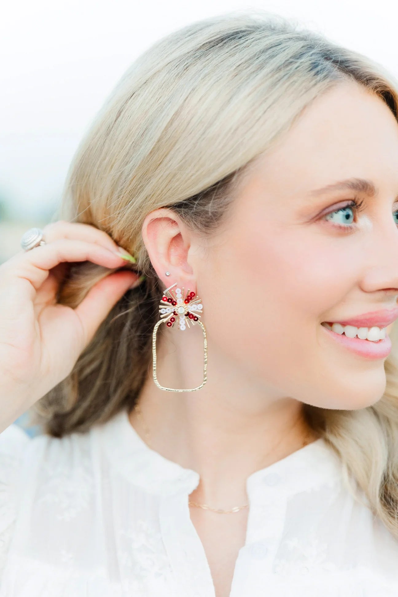 Gameday Sequin Sunburst Hoops// Red + White